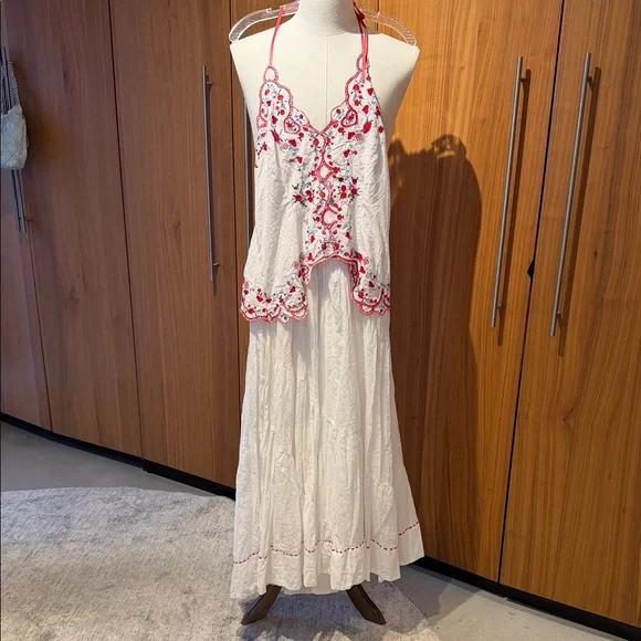 Free People White Maxi Cotton Dress with Red Embroidery - Picture 1 of 15